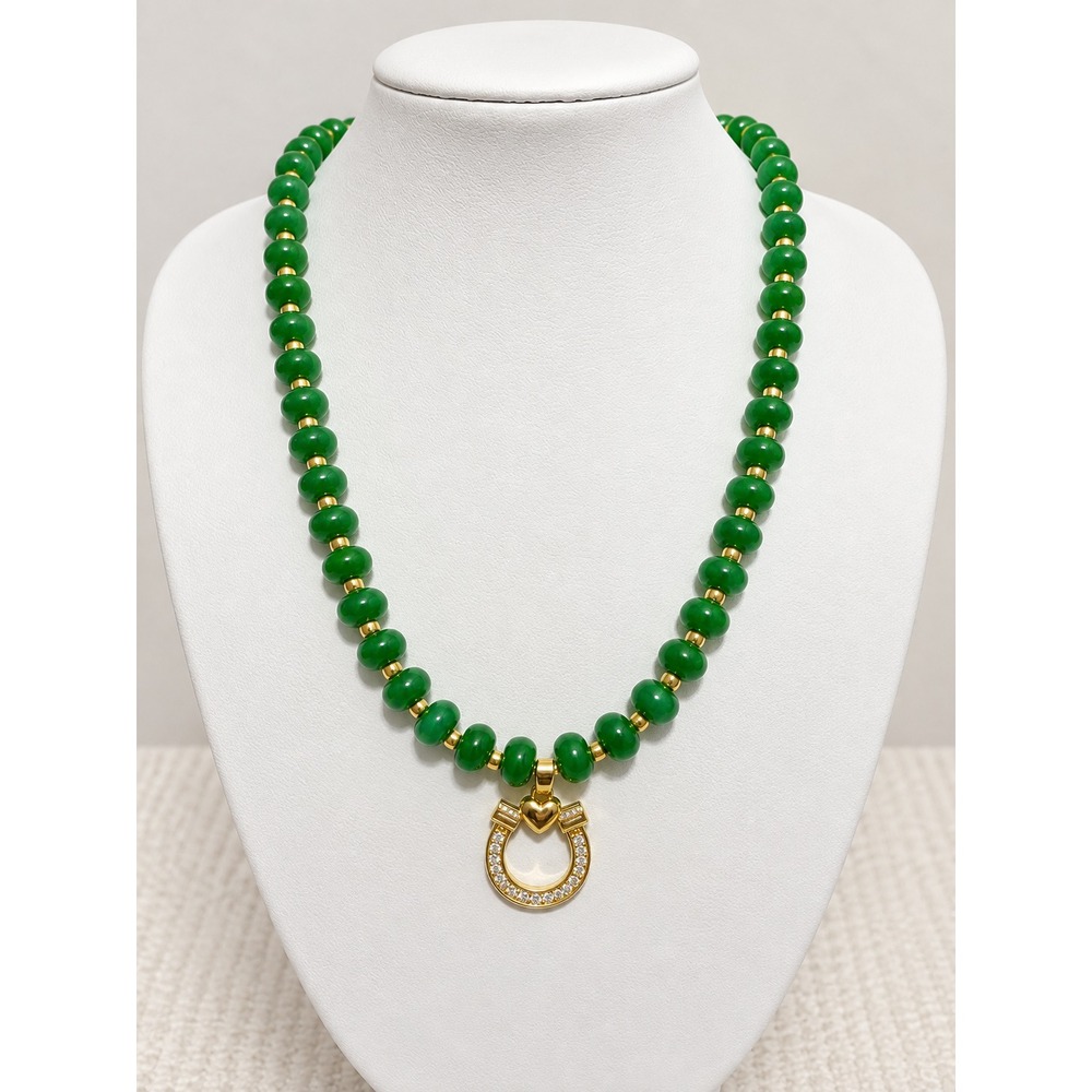 Green Jade Beaded Horseshoe Necklace Gold CZ Western Equestrian Jewelry